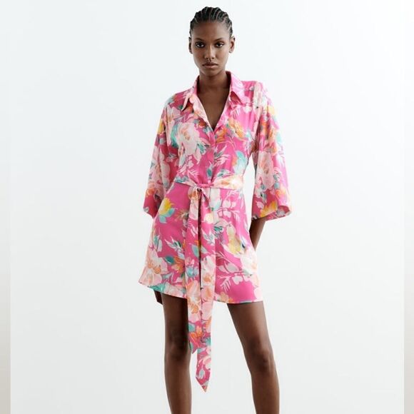Zara PRINTED SATIN EFFECT SHIRTDRESS - Picture 8 of 9